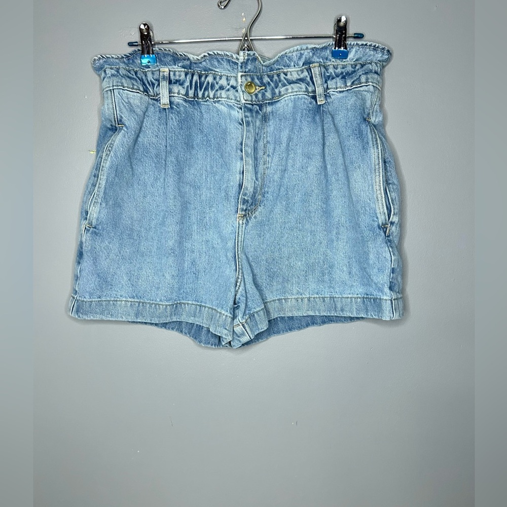 Zara Denim Paperbag Shorts Womens 10 Blue High Waist Elastic Relaxed Fit Casual - Picture 10 of 13